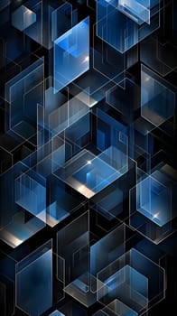 A pattern of electric blue rectangles resembling a building facade made of composite materials floats in symmetry on a black background