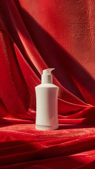 A white bottle with a pump containing liquid sits on a red cloth. The bottle may be holding anything from cosmetics to automotive fluids or solvents, in shades of peach or magenta