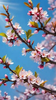 Cherry blossom in spring, pink flowers on blue sky background.cherry blossom on blue sky background, closeup of flowers. Sakura.Branch of blossoming tree with pink flowers on blue sky background.