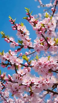 Cherry blossom in spring, pink flowers on blue sky background.cherry blossom on blue sky background, closeup of flowers. Sakura.Branch of blossoming tree with pink flowers on blue sky background.