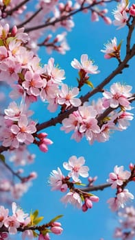 Cherry blossom in spring, pink flowers on blue sky background.cherry blossom on blue sky background, closeup of flowers. Sakura.Branch of blossoming tree with pink flowers on blue sky background.