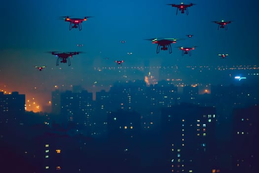 Group of drones over city at summer morning. Neural network generated image. Not based on any actual scene or pattern.