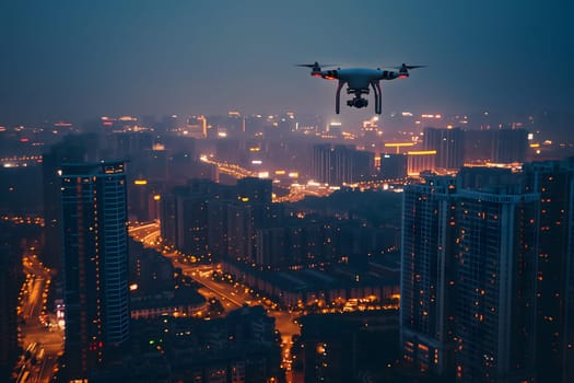 Drone above the city at summer night. Neural network generated image. Not based on any actual scene or pattern.