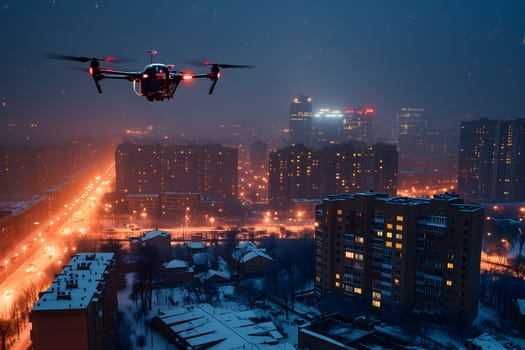 Flying drone above the city at snowy winter night. Neural network generated image. Not based on any actual scene or pattern.