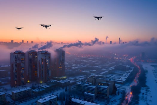 group of drones over city at winter sunset or sunrise. Neural network generated image. Not based on any actual scene or pattern.