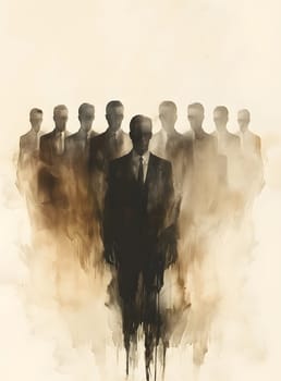 A man in a stylish suit and tie gestures to a group of men in suits. The event is filled with fashion design and visual arts, resembling a painting with shadows and artistic elements