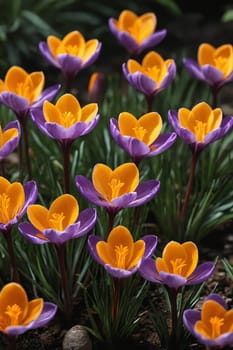 This image features stunning crocus blooms lit by springtime sunlight, a true testament to nature's beauty. Ideal for horticultural articles or seasonal blogs.