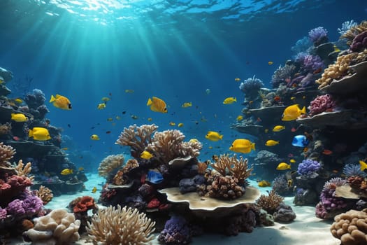 This image showcases a vibrant coral reef teeming with diverse sea life - an underwater artist's canvas in nature. Perfect for marine biology education or environmental awareness campaigns.