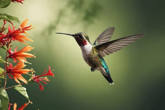 This image beautifully captures a Ruby-throated Hummingbird - a marvel of nature known for its iridescent green feathers and bright ruby-red throat. Perfect for use in environmental education or bird-watching content.