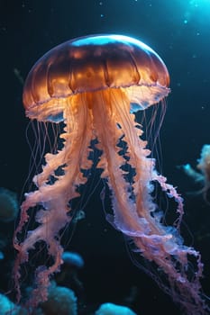 Delicate jellyfish drift underwater, their amber-hued bells and trailing tentacles accentuated by the ocean's depth.