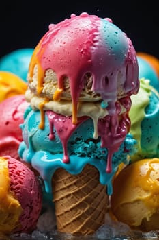 An enticing image capturing melting ice cream scoops atop a cone against a multicolored backdrop. Fantastically suited for content focused on summer treats, food art, or dessert recipes.