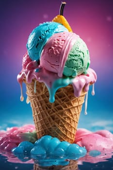 This vibrant image brings to life the joy of a summertime ice cream, with melting scoops on a cone set against a colorfully dotted ice cream background. Ideal for food blogs, dessert menus, or gastronomic explorations.