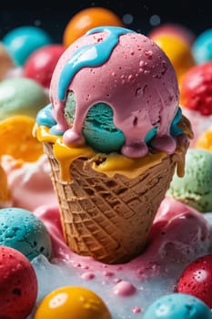 This vibrant image brings to life the joy of a summertime ice cream, with melting scoops on a cone set against a colorfully dotted ice cream background. Ideal for food blogs, dessert menus, or gastronomic explorations.