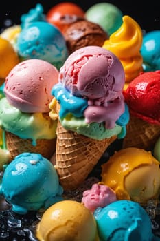 This vibrant image brings to life the joy of a summertime ice cream, with melting scoops on a cone set against a colorfully dotted ice cream background. Ideal for food blogs, dessert menus, or gastronomic explorations.