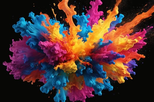 Witness a fabulous explosion of vibrant inks erupting against a black canvas. This abstract art image is suitable for art galleries, education in art mediums, or promoting art supplies.