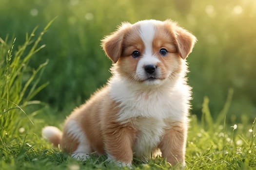 A fluffy puppy basks in the warm glow of the sun amid verdant meadow grass.