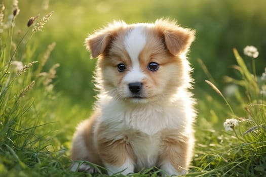 Sun-kissed, soft-coated pup lounges in the tranquility of a lush green pasture.