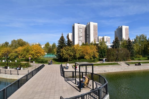Moscow, Russia - 17 Sept. 2023. City landscape with Mikhailovsky pond in Zelenograd