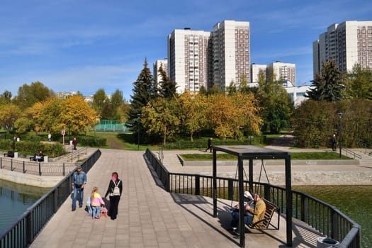 Moscow, Russia - 17 Sept. 2023. City landscape with Mikhailovsky pond in Zelenograd