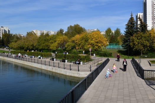 Moscow, Russia - 17 Sept. 2023. City landscape with Mikhailovsky pond in Zelenograd