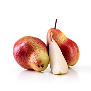 Healthy, nutrition or pear in studio for appetizer, tasty treat or fresh food diet. Pyrus communis, white background and isolated for fruit snack, vitamins or organic fiber eating and wellness.