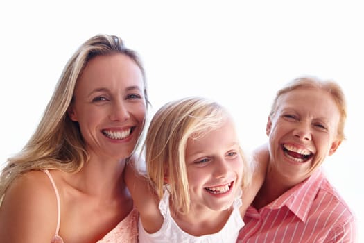Mom, daughter and grandmother in portrait with smile for bonding with laughing, child development and happiness. Mother, girl and grandma with love for memories with relaxation with generations.