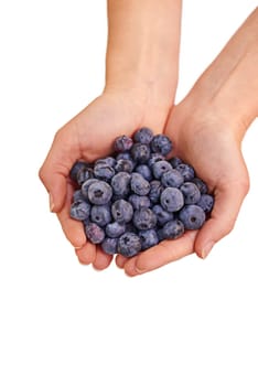 Bunch, blueberries and woman hands in studio for healthy, organic and balanced diet by eating nutritious snacks. Person, fresh and natural ingredients with vitamin on isolated white background.