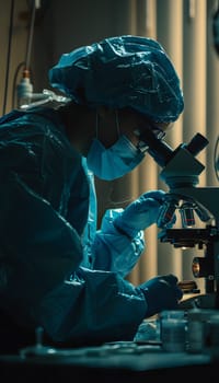 a surgeon is looking through a microscope in a dark room . High quality
