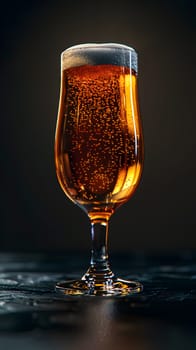 A Beer glass containing liquid is placed on a piece of tableware, specifically a table. The stemware is part of the drinkware and barware family