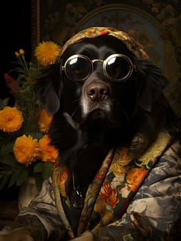 A black dog is portrayed in a highly stylized and anthropomorphized manner, wearing glasses and a trendy jacket, exuding a sense of style and sophistication.