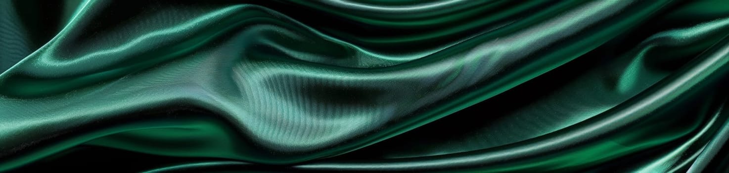 The dynamic waves and folds of green silk present a mesmerizing abstract design, perfect for illustrating concepts of luxury and elegance
