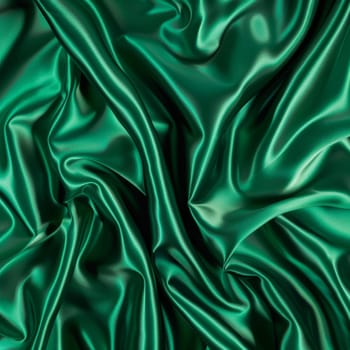 Luxurious emerald green satin fabric is captured in a striking abstract composition, showcasing its lush, velvety texture and captivating allure