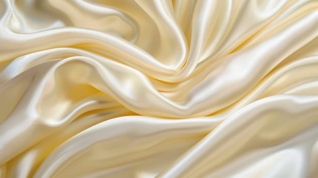 Smooth, shiny satin fabric in a rich, creamy hue, flowing in graceful folds and creating a captivating abstract pattern