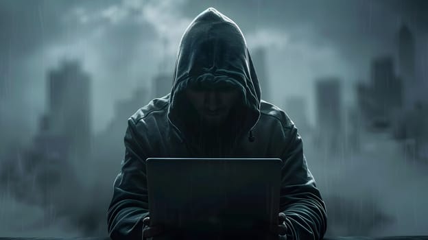 A fictional character in a hood sits in darkness in front of a laptop playing an actionadventure PC game. Their personal protective equipment reflects the glow of the screen