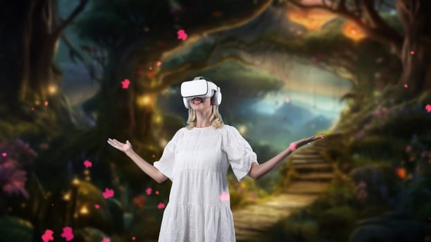 Impressive woman looking through VR in wonderland pink maple leaves falling metaverse in fairytale getting fresh air in meta magical world fantasy in jungle natural imaginary creativity. Contraption.