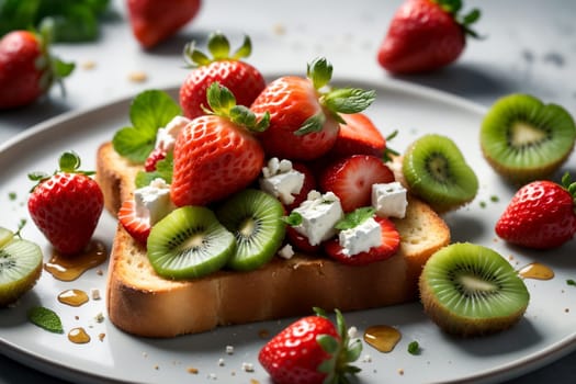 sandwich with fresh strawberries, kiwi, cottage cheese in a plate .