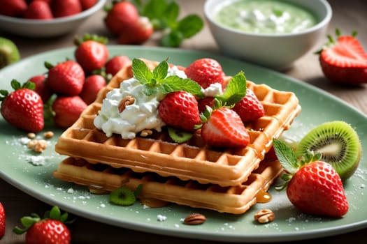 waffles with fresh strawberries, kiwi, cottage cheese in a plate .