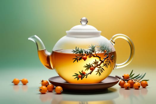 sea buckthorn tea in a glass teapot isolated on a yellow background .