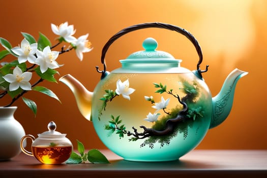 healing aromatic tea with jasmine in a glass teapot .