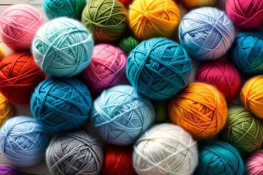 fluffy multi-colored balls of wool for knitting .