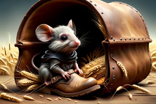 cute mouse in an old shoe among the ears of wheat .