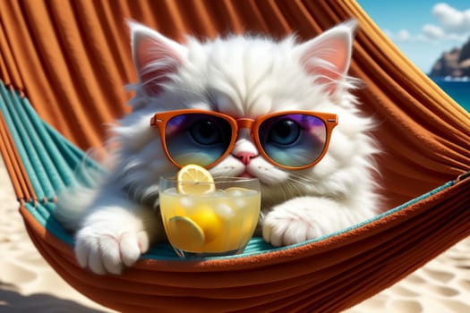 cute kitten in sunglasses resting in a hammock .