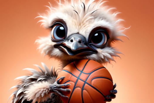 cute sporty happy ostrich playing basketball .