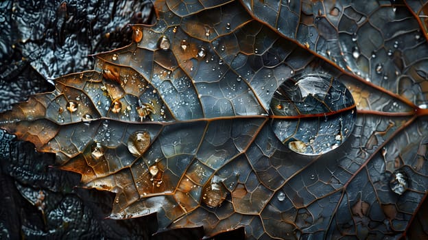 A close up of a leaf with water drops on it, resembling reptile scales. The image captures the beauty of nature, showcasing the intricate details of a terrestrial animals habitat