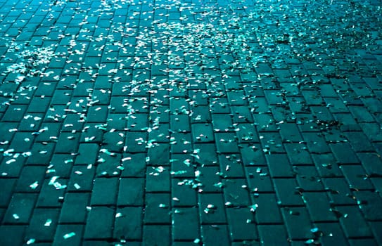 Festive paper confetti strewn across a square lit in blue at night. The pavement of granite stone.