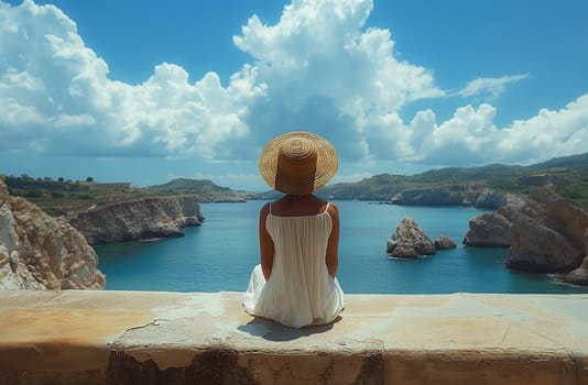 Person in white dress and straw hat overlooking serene coastal landscape.
