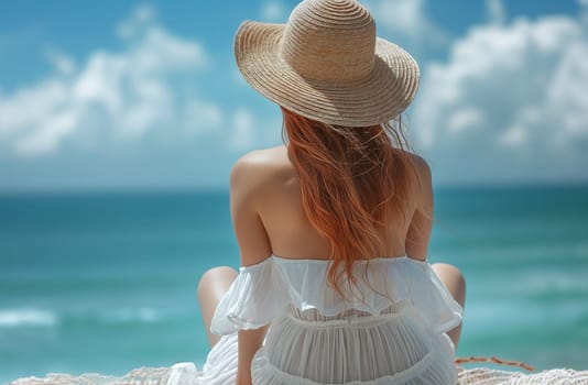 Woman enjoying a serene beach view while wearing a sun hat and white dress