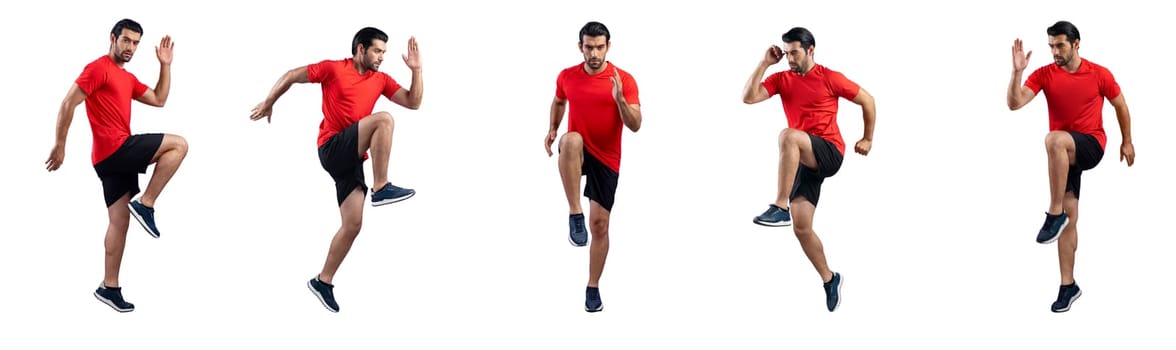 Healthy and active young man in sportswear with different professional fitness posture set of cardio training. Cardio running exercise on isolated background in gaiety full body length shot.