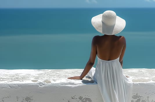 Black Woman in hat sitting peacefully on beachfront facing the ocean