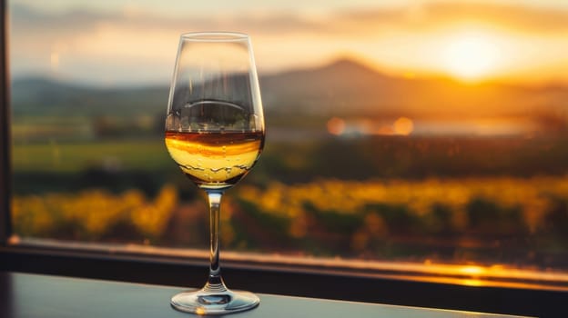 A glass of a wine is sitting on the table in front of an orange sunset